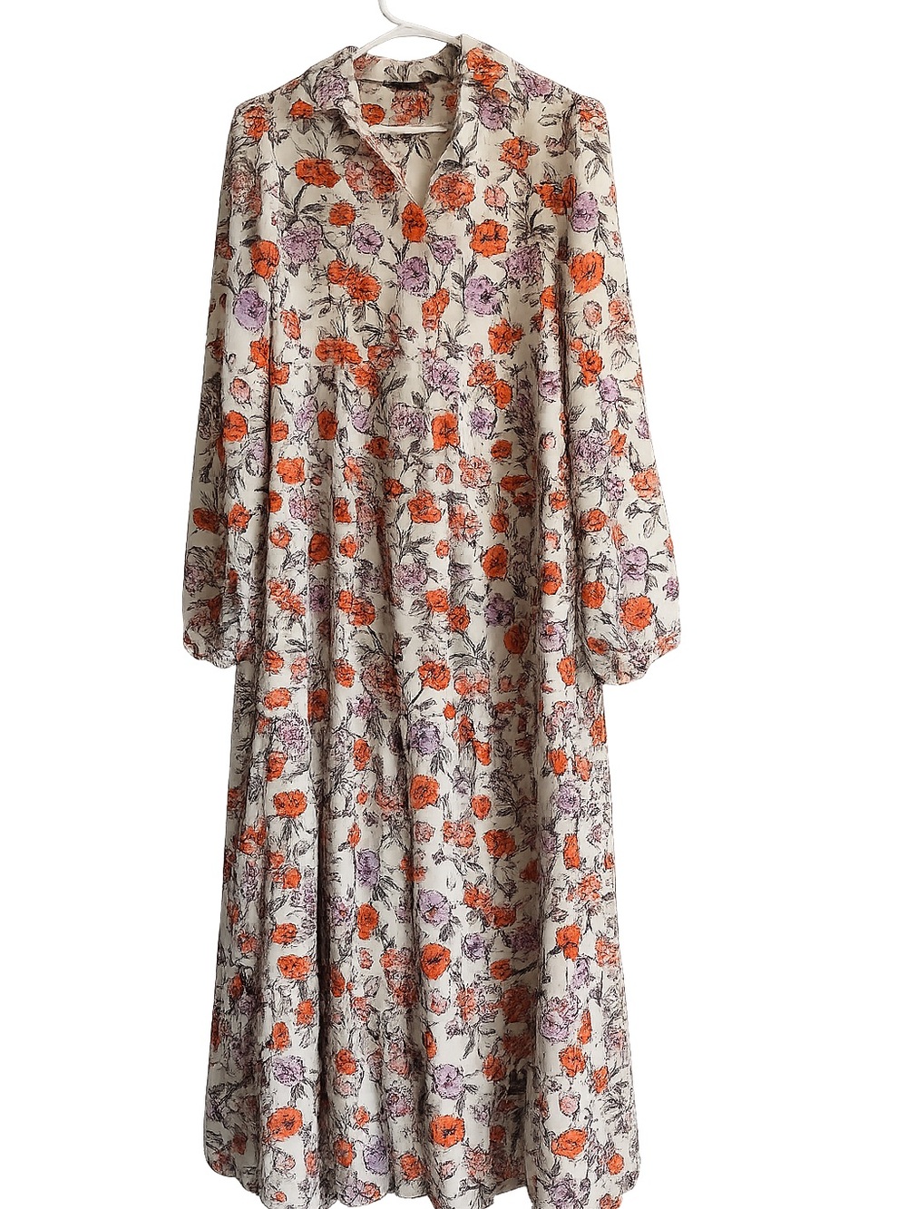 Floral Long Sleeve Cream Maxi Dress with Orange & Lavender Blooms